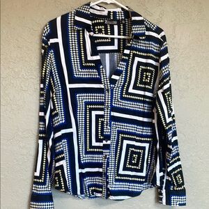 New York and Company Women's Button Down Shirt - Navy and Yellow Geometric